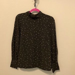 Ladies back button detail blouse. Deep olive w/black and white dots. Sz 10